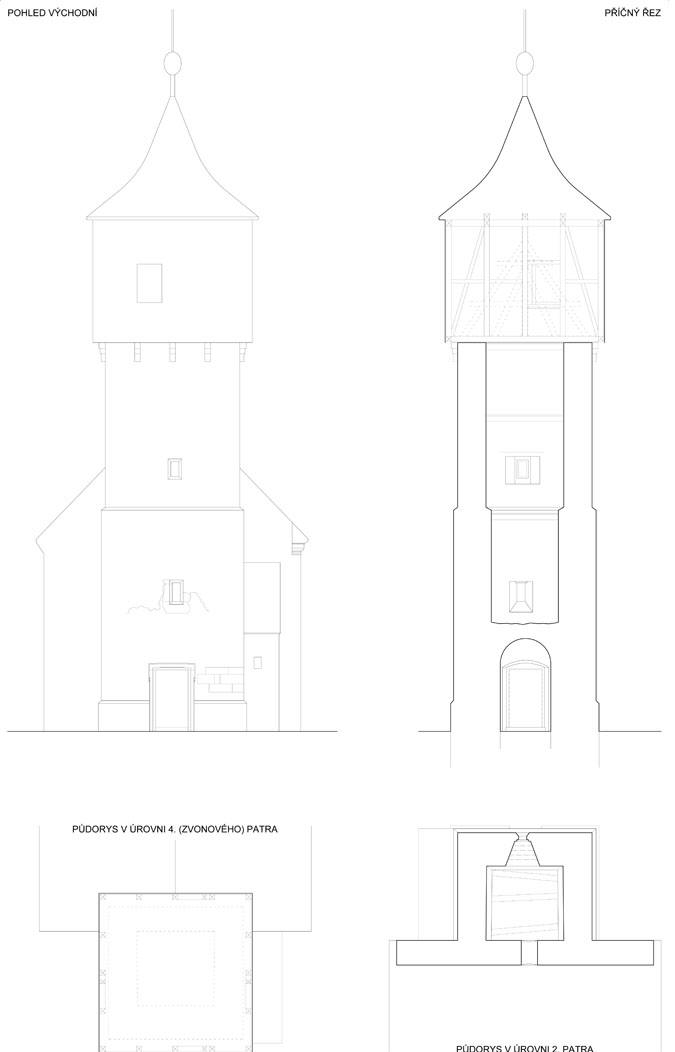 KOZOJEDY: schéma západní fasády, řez věže s pohledem k západu a půdorysy západní části chrámu v úrovni II. a IV. patra (zaměření a kresba M. Falta 2014 - 2019).