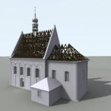 LIBANY: 3D vizualizace kostela - podoba barokn pestavby kostela s vyznaenm renesannm krovem nad lod a baroknm nad chrem (model M. Falta 2015  2017). 