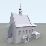 LIBANY: 3D vizualizace kostela - souasn stavu objektu, prhledn zakreslena pedstava zanikl novodob ve (model M. Falta 2015  2017).