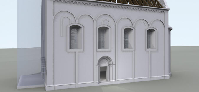 LIBČANY: 3D vizualizace kostela - předpokládaná podoba jižního průčelí kostela po přestavbě lodi na počátku 17. století (model M. Falta 2015 – 2017).