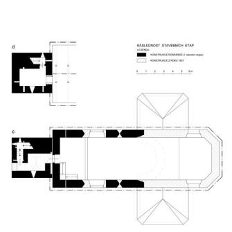 PA͎OV: zamen kostela s vyznaenm jednotlivch stavebnch fz: c  pdorys v rovni prvnho patra ve a empory, d  pdorys v rovni druhho patra ve a podkrov lodi (zamen a kresba M. Falta 2011  2012).