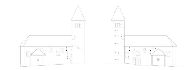 PA͎OV: schma severn a jin fasdy s vyznaenm romnskch prvk: 1. vchodn romnsk paletov okno, 2. zpadn romnsk paletov okno, 3. trbinov okno osvtlujc nkdej emporu, 4. pedpokldan rozhran mezi romnskou zd lodi a pozdji pistavnm knitm s naznaenmi stopami po vyjmutm vchodnm armovn, 5. kapsy po prvcch konzolovho leen, 6. zpadn nron armovn, 7. trbinov okna osvtlujc prostory v jednotlivch podlach ve, 8. pozice rozhranm mezi stnou s rytmi sprami a lomovm zdivem bez povrchov pravy, kter je patrn na vnj stn vchodn zdi ve, 9. romnsk sdruen okna poslednho patra ve, 10. zpadn st kamennho ostn a pozstatek pekladu a archivolty hlavnho vstupnho romnskho portlu (zamen a kresba M. Falta 2011  2012).