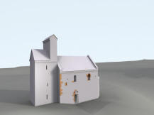 PA͎OV: 3D vizualizace - hypotetick podoba kostela s provizorn devnou zvonic (model M. Falta 2012 - 2013).
