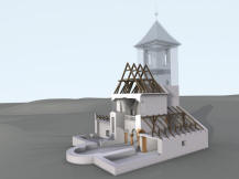VYSOKÝ ÚJEZD nad DĚDINOU: vizualizace současného stavu objektu, řez kostelem s pohledem k emporové části (model M. Falta 2012).