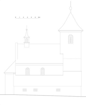 VYSOKÝ ÚJEZD nad DĚDINOU: schéma severní fasády (zaměření a kresba M. Falta 2010 – 2011, aktualizováno 2019).