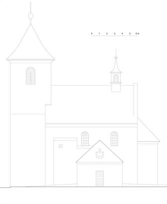 VYSOKÝ ÚJEZD nad DĚDINOU: schéma jižní fasády (zaměření a kresba M. Falta 2010 – 2011, aktualizováno 2019).