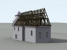 VCOV: 3D vizualizace exteriru kostela - současn stav objektu s vyznačenm gotickm krovem nad lod a chrem (model M. Falta 2016  2017).