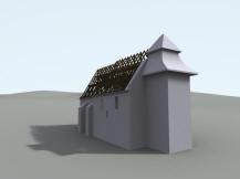 VCOV: 3D vizualizace exteriru kostela - současn stav objektu s vyznačenm gotickm krovem nad lod a chrem (model M. Falta 2016  2017).