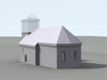VCOV: 3D vizualizace exteriru kostela - mon původn podoba chrmu s naznačenm zvonovm patrem nad zděnm tělem věe (model M. Falta 2016  2017).