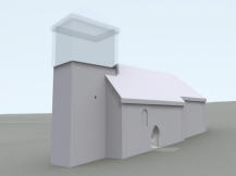 VCOV: 3D vizualizace exteriru kostela - mon původn podoba chrmu s naznačenm zvonovm patrem nad zděnm tělem věe (model M. Falta 2016  2017).