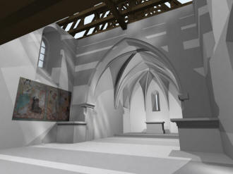 VCOV: 3D vizualizace interiru kostela - současn stavu objektu s vyznačenm gotickm krovem nad lod a chrem (model M. Falta 2016  2017).