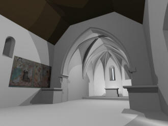 VCOV: 3D vizualizace interiru kostela - mon původn podoba chrmu s naznačenm předpokldanm zastropenm lodi a klenutm presbyteriem (model M. Falta 2016  2017).