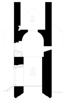 PERTOLTICE: příčný řez věží s pohledem k západu (zaměření a kresba M. Falta 2016).